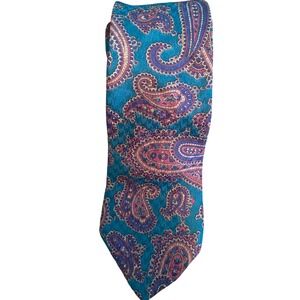 MW Mens Paisley Silk Tie Teal Purple Hand Fashioned Italy Fabric Made in USA